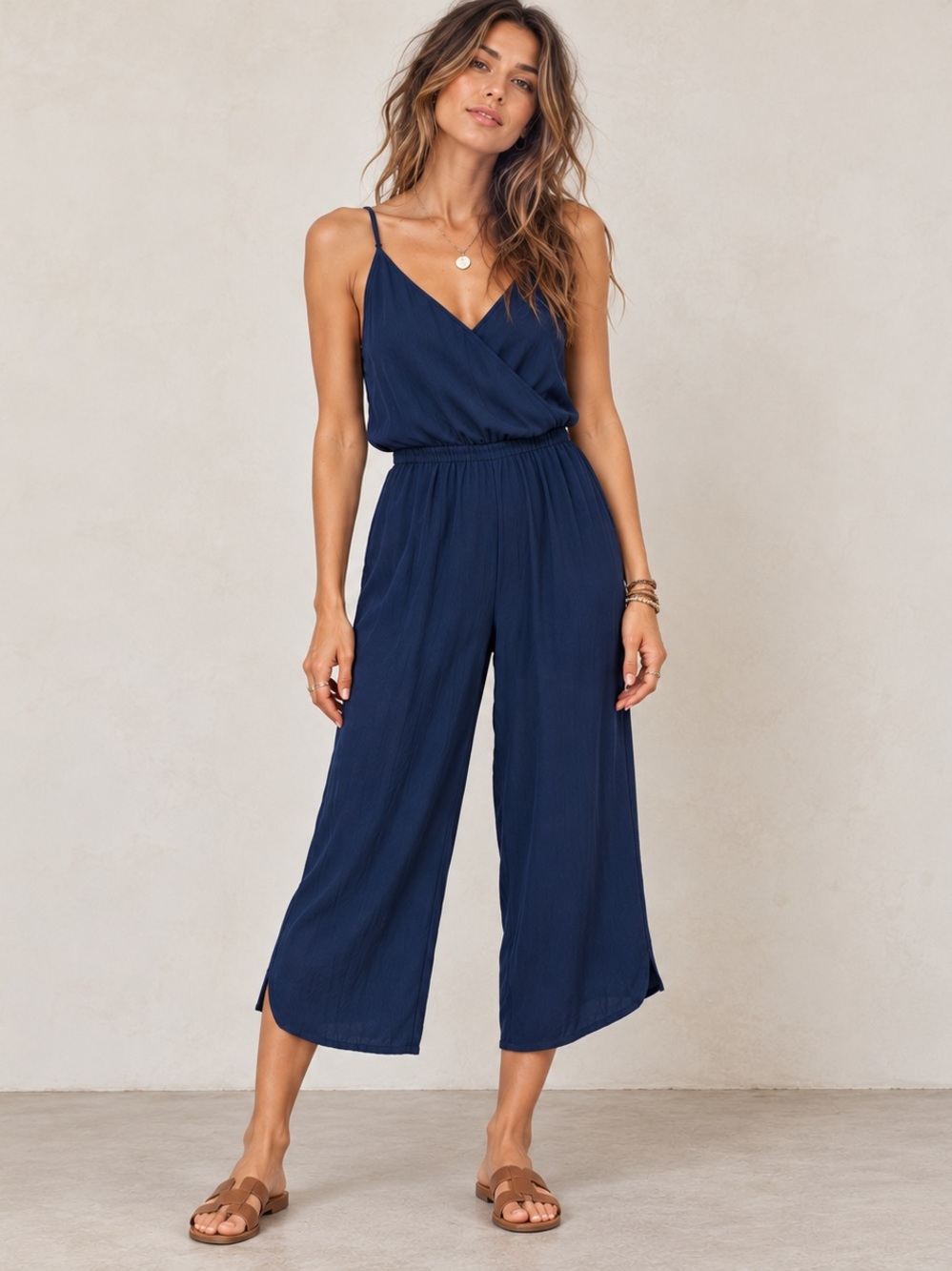 Monk & Lou Navy Wrap Front Cropped Wide Leg Jumpsuit